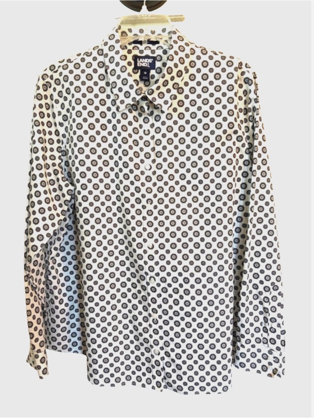 Lands’ End No Iron Button Front Shirt Women’s 18 Black White Geometric - Picture 1 of 14